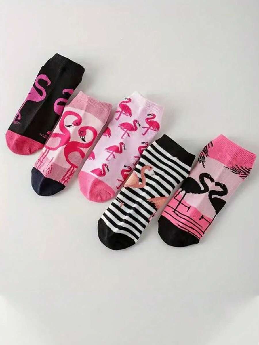 5 Pairs Flamingo Cartoon Animal Colorful Unisex Ankle Socks, Versatile Low-Cut Short Socks For Spring/Summer - Multicolor - View 1