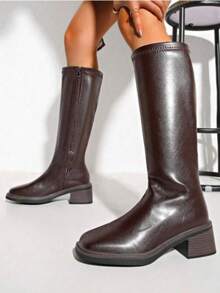 Brown Over-The-Knee Chunky Heel Boots, Black Classic Versatile Thigh High Boots, Women's Mid-Calf Equestrian Boots, Autumn/Winter New Arrivals,Party - 棕色 - 查看 2