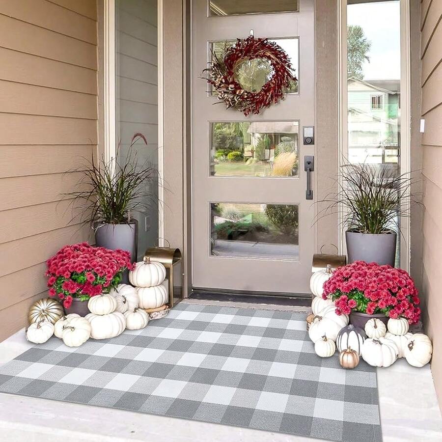 IOHOUZE Buffalo Plaid Checkered Rug 3x5 Ft Front Door Mats, Washable Area Rugs For Front Porch Decor, Spring Summer Welcome Mats Outdoor, Gray White Rug For Farmhouse/Entryway/Home Entrance,One-Size,GreyandWhite3x5Rectangular - GreyandWhite3x5Rectangular - View 1