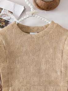 2pcs Baby Girls Striped Patchwork Crew Neck Long Sleeve Top And Denim Long Pants Outfit, Fashionable And Versatile For Outings - Apricot - View 3