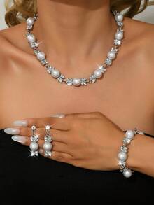 4 件几何仿珍珠多层项链、手链和耳环套装，优雅奢华女士珠宝套装 - 彩色 - 查看 15