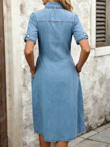 Women's Solid Color Flip Collar Waist Gathering Puff Sleeve A-Line Denim Dress,Women's Summer Dresses,Summer Outfits For Women - 中等水洗藍 - 查看 3