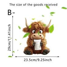 Adesivo de banheiro engraçado com vaca das Terras Altas, estampa de animal fofo segurando um rolo de papel higiênico, adesivo de vinil removível e à prova d'água para banheiro, tampa do vaso sanitário, caixa acoplada e decoração de parede.