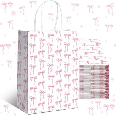 20pcs Pink Bow Gift Bags With Handles, Suitable For Baby Shower, Wedding, Girl's Party, Bow Theme Party, Birthday Party, Bridal Shower, 8.3 X 5.9 X 3.1 Inches (White, Small Bow)