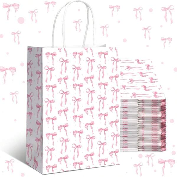 20pcs Pink Bow Gift Bags With Handles, Suitable For Baby Shower, Wedding, Girl's Party, Bow Theme Party, Birthday Party, Bridal Shower, 8.3 X 5.9 X 3.1 Inches (White, Small Bow)