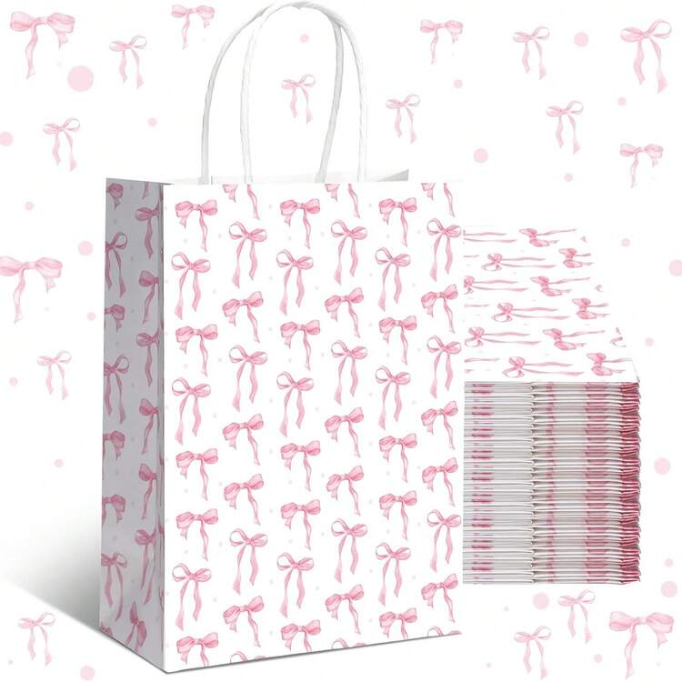 20pcs Pink Bow Gift Bags With Handles, Suitable For Baby Shower, Wedding, Girl's Party, Bow Theme Party, Birthday Party, Bridal Shower, 8.3 X 5.9 X 3.1 Inches (White, Small Bow) - Multicolor - View 1