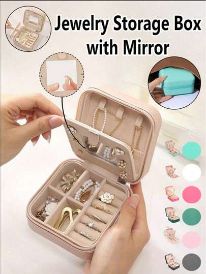 1pc Travel Jewelry Box, Small PU Leather Jewelry Storage Box With Mirror, Jewelry Organizer For Women, Compact Jewelry Box For Earrings, Necklaces, Rings, Travel Essentials, Bridesmaid Gift, Mother's Day Gift, Easter Gift