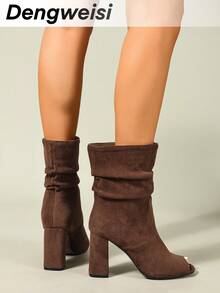 Coffee Pleated Slip-On Peep Toe High Heel Boots, Elegant & Versatile For Vacation, Party, Minimalist Fashion, Spring/Summer - Coffee Brown - View 5