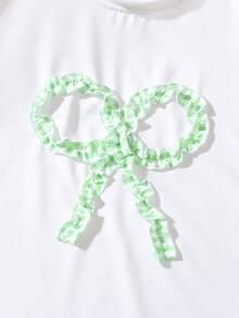 2件套女童蝴蝶结装饰T恤和格子裤休闲套装，夏季 - 薄荷綠 - 查看 4