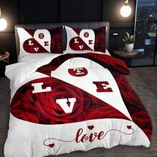 3pcs Heart & Rose Print Duvet Cover Set, Breathable 100% Polyester Bedding, Zipper Closure, Machine Washable, Digital Printed Duvet Cover & 2 Pillow Shams (No Filling) - Suitable For Bedroom & Dorm Decor, All Seasons - Hot Pink - View 4