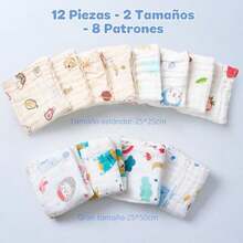 12Pcs Paños de Muselina para Bebé,Trapitos para Bebé de 100% Algodón de 6 Capas, Toallitas para Bebé de Tela en 25*25cm (8 Pcs)+ 25*50cm (4 Pcs), Suave Y Absorbente, para Piel Sensible, Recién Nacidos - / - Ver 2