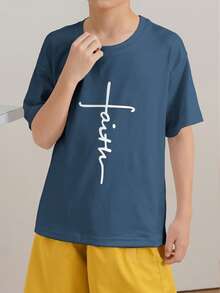 男童灰蓝色印花圆领短袖T恤，休闲夏季上衣 - 霧霾藍 - 查看 2