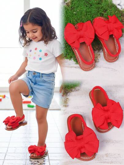 1 par röda rosettdekorerade småbarnsflickors slip-on platta strandsandaler, gummi mjuk sula färgblock resårband rund tå söta barntofflor, lämpliga för 3-15 år gamla flickor, dagligt, skola, promenader, resor, fest, vår/sommar 2026