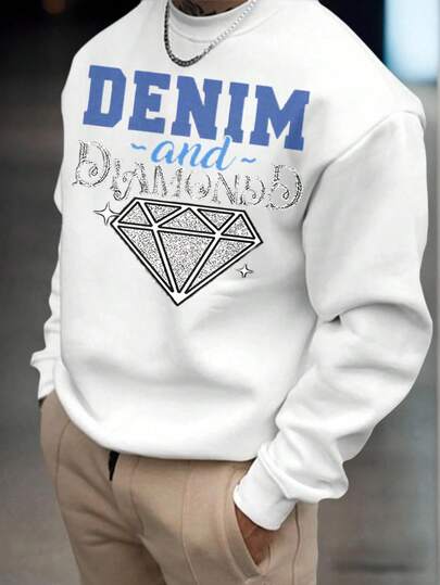 Men's Oversized Graphic Sweatshirt "DENIM And DIAMONDS" Print Long Sleeve Crew Neck Pullover Casual Streetwear Loose Fit Black Top
