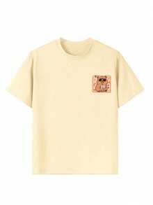 Young Girl Casual Graphic Print Crew Neck Short Sleeve T-Shirt, Summer Top - Apricot - View 7