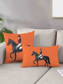 2pcs Fashionable & Comfortable Pillow Covers With Simple Vector Illustration Of Equestrian Rider On Black Horse, Made Of Hypoallergenic Polyester Fabric, Hidden Zipper, No Filling, Suitable For Home Decor, Living Room, Throw Pillow, Cushion Cover, Sofa Decorative Pillow, Home Decor, Pad Cover, Soft Pad. - Multicolor - View 6