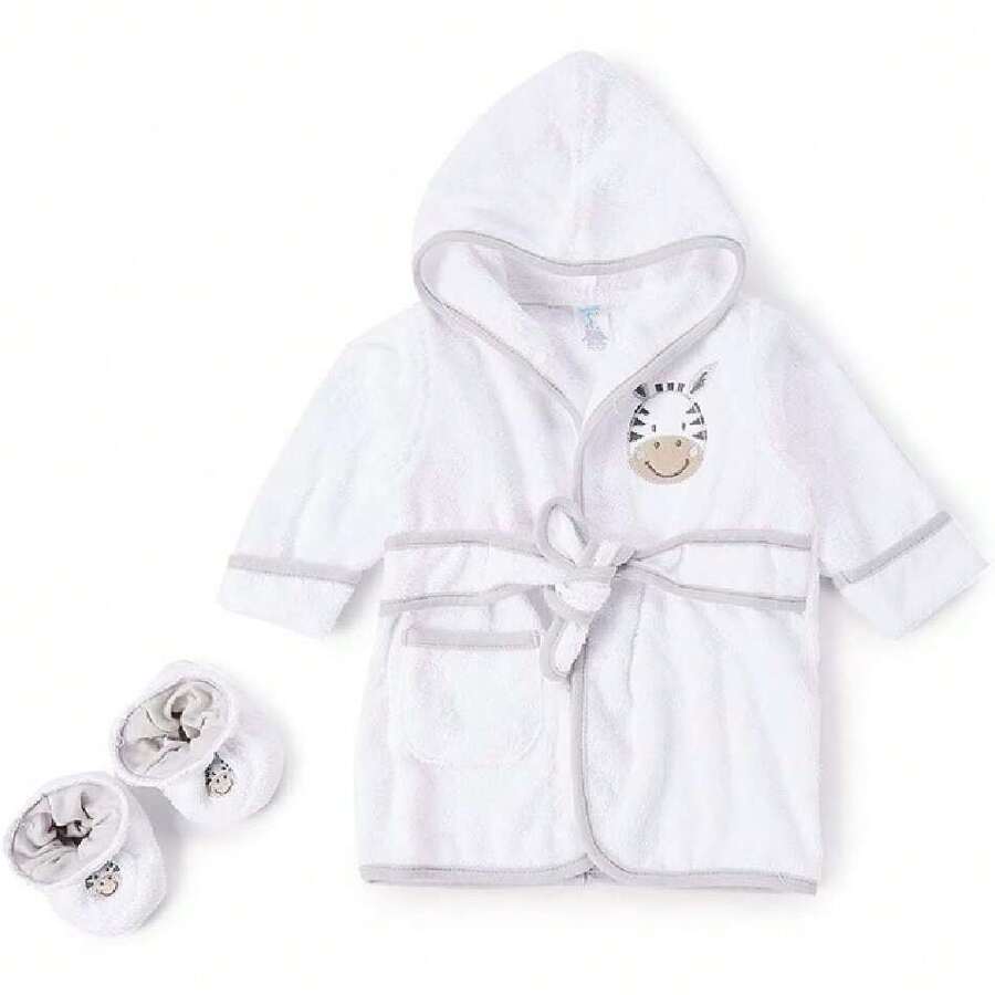Albornoz de rizo con capucha 100% algodón con botines, regalos para bebés y niños, regalo de ducha, Cebra gris, Talla única,36984138 - Azul - Ver 1