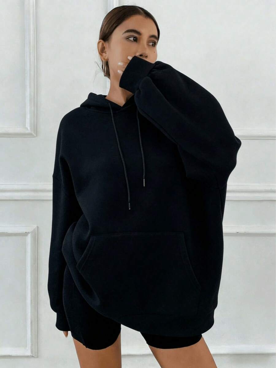 Women's Casual Pullover Sweatshirt - Lightweight Loose Hoodie With Kangaroo Pocket, Soft Long Sleeve Solid Color Hooded Top, Comfortable All-Season Wear For Spring,Women's Lightweight Casual Hoodie - Soft Long Sleeve Pullover With Drawstring Hood & Front Pockets, Relaxed Fit Solid Color Sweatshirt, Perfect Spring Everyday Essential - màu đen - Xem 1