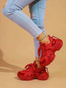 New Red Lace-Up Platform Thick Sole Casual Shoes, Women's Fashion Breathable Chunky Sneakers Leather Patchwork Stylish Personalized Student Shoes, Elegant Women Sports Shoes For Street Style, Outdoor, Holiday Occasions - 紅色皮面 - 查看 5