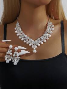 3件套仿珍珠花卉婚礼首饰套装 - 项链和耳环，适合正式场合，新娘配饰 - 80854301 - 查看 19