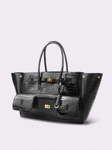 GLOBELLE 时尚复古摩托车包，大容量可扩展，金色五金配件，纯色鳄鱼纹压花双提手，女士单肩手提包，适合上班族女性，完美适用于大学、工作、商务、通勤、户外、旅行、野餐、办公室等各种场合，也适合工作、购物、送礼、休闲旅行。简约百搭，适合户外休闲和购物。 - 黑色 - 查看 14