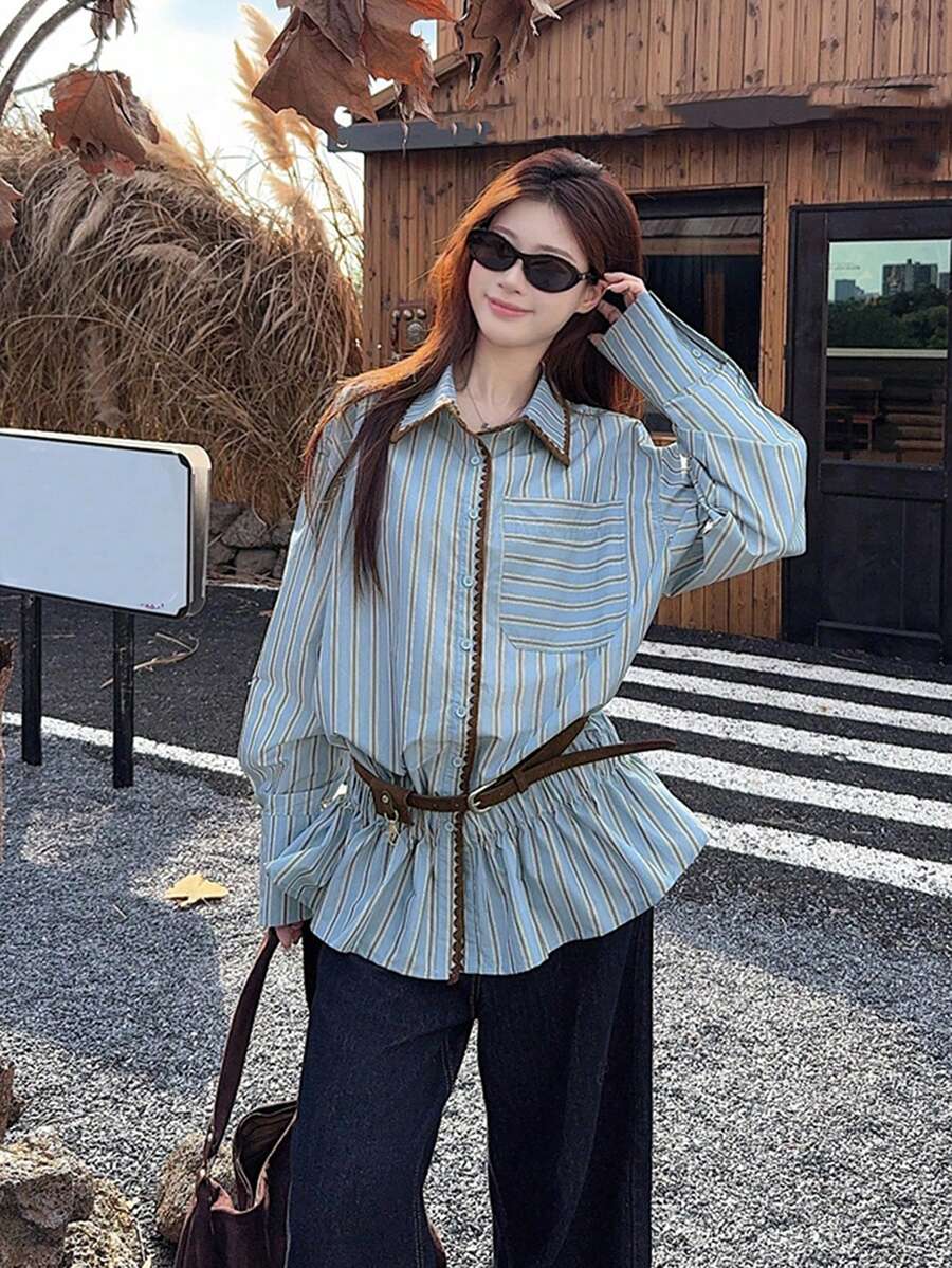 Striped Chic Blouse For Women, French Design Long Sleeve Shirt Tops, Autumn - Blue - View 1