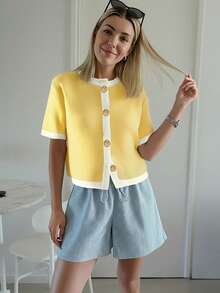 Áo khoác cardigan dệt kim mềm mại, thời trang kiểu Pháp dành cho nữ, áo len dáng rộng, ngắn tay, thích hợp cho mùa thu/hè. - Nhiều màu - Xem 2