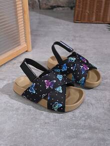 夏季新款儿童凉鞋 时尚户外公主鞋 软底幼儿女童婴儿凉鞋 [不对称图案] - 黑色 - 查看 1