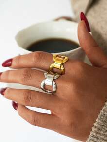 2枚/1枚女士粗款几何18k镀金不锈钢戒指，厚实叠戴戒指，简约时尚饰品 - 彩色 - 查看 4