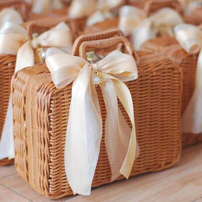 1 pieza Bolso de mano tejido a mano, Caja de regalo, Maleta tejida, Bolso de mano vintage, Caja de almacenamiento tejida, Opción de regalo perfecta, Caja de regalo tejida. Adecuado para el Día de San Valentín, boda, cumpleaños, caja de regalo para fiestas, cesta de almacenamiento vintage, recuerdo de boda, caja de regalo de boda, prop de fotografía, decoración rústica del hogar, cesta de regalo, cesta de estilo nórdico, textura tejida, ideal para decoración del hogar, picnic y regalos