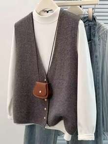 French Minimalist V-Neck Knit Vest, Fitted Button-Up Waistcoat, Layerable, Women's Soft Knit Sleeveless Deep V-Neck Cardigan, Casual Loose Knit Jacket, Elegant Sweater, Suitable For Party, Commute, Relaxed Minimalist - Camel - View 4