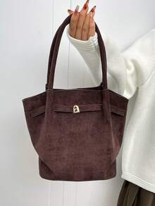 Dedoo 欧美小众设计麂皮水桶包，带扣设计，女士街头风手提包，适合秋冬季购物、通勤、聚会和送礼。 - 咖啡 - 查看 3