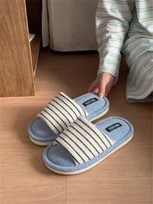 XIXITIAO 1 đôi dép lê sọc phối màu retro, đế mềm mại, thoải mái, thích hợp mang trong nhà vào mùa thu/đông. - Xanh và trắng - Xem 5