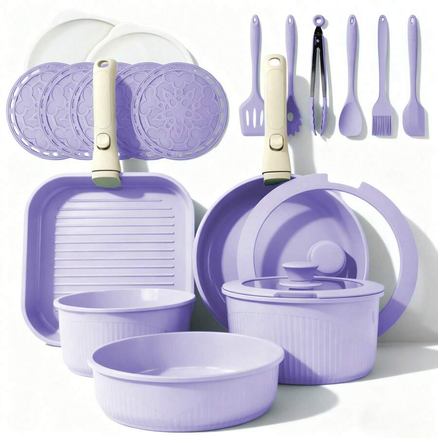 5pcs /7pcs/24 Pcs Pots And Pans Set Non Stick, Ceramic Cookware Set With Detachable Handles, Healthy Induction Cookware Oven RV Kitchen Set - Tím 24 chiếc - Xem 1