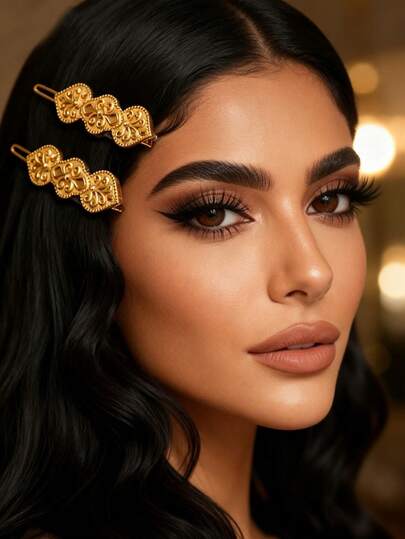 Herseygold 1 Pair Arabic Floral Pattern Women's Hair Clips, Middle Eastern Luxury Gold-Plated Headpiece, Bridal Wedding Festival Women Hair Jewelry