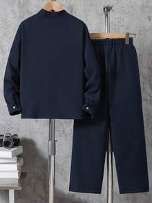 男童褶皱长袖衬衫套装（带口袋）和休闲裤套装（2件套），绅士风格，适合8-12岁儿童 - 藏蓝色 - 查看 2