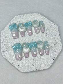 10片Y2K可爱粉绿渐变美甲贴片，甜美3D蝴蝶结、星星、爱心、珍珠假指甲，卡哇伊坏女孩长棺材形美甲用品（1张果冻贴纸+1个指甲锉） - 彩色 - 查看 14