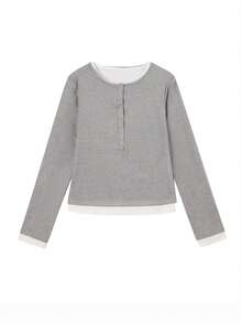 女士V领二合一长袖T恤，甜辣款，秋季款 - 灰色 - 查看 4