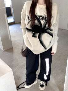 Spider Letter Pattern Loose Fit Crew Neck Long Sleeve Sweater, Autumn/Winter