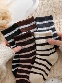 1/5 Pairs Women Striped Mid-Calf Socks, Comfortable Breathable Casual Cute Street Style Design, Suitable For All Seasons, Holidays, Gifts - Multicolor - View 2