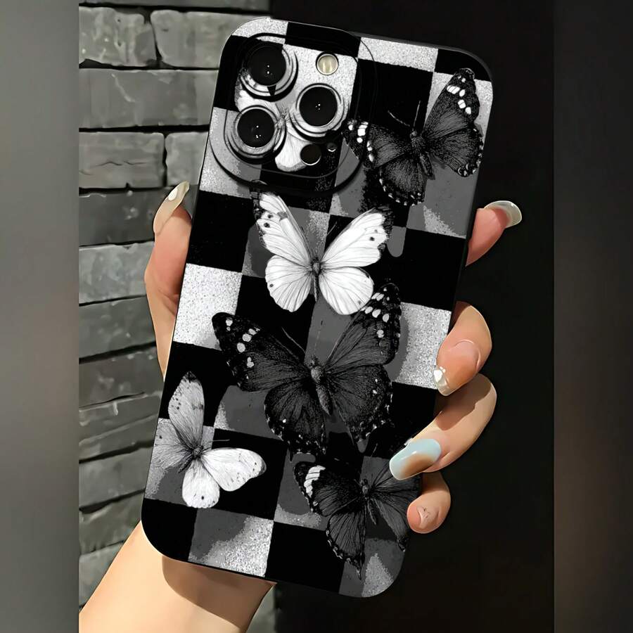 2026 nueva funda de teléfono esmerilada, funda de teléfono con patrón de mariposa y diseño de tablero de ajedrez para iPhone 17 14 13 12 11 Pro Max Galaxy S23 S22 S21 S20 Fe Plus protector de teléfono funda de pareja regalo para novio novia presente de vacaciones - Blanco antiguo - Ver 1