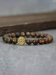 1件男士石珠手链导航指南针手链手工串珠饰品 - 金色 - 查看 8