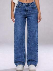 Women's Jeans, Loose-Fitting Women's Straight Pants, Women's Wide-Leg Jeans, Women's Jeans With Pockets, Stretchy, Loose, Wide Legs, Universal, Casual. - Snowflake Blue - View 1