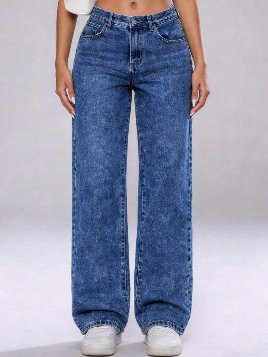 Women's Jeans, Loose-Fitting Women's Straight Pants, Women's Wide-Leg Jeans, Women's Jeans With Pockets, Stretchy, Loose, Wide Legs, Universal, Casual. - Snowflake Blue - View 1
