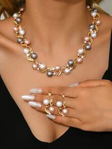 3件套仿珍珠花卉婚礼首饰套装 - 项链和耳环，适合正式场合，新娘配饰 - 80854301 - 查看 17