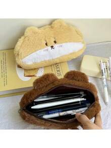 1pc Cute Plush Funny Cartoon Stationery Pouch, Minimalist Large Capacity Pencil Case, High-Quality Squirrel Design Stationery Organizer Bag, Coin Purse, Makeup Bag, Suitable For Middle And High School Students, Girls School Supplies - Brown - View 4