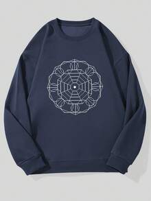 Sudadera Casual de Cuello Redondo con Patrón Simétrico de Líneas Geométricas para Hombre - Azul Marino - Ver 1