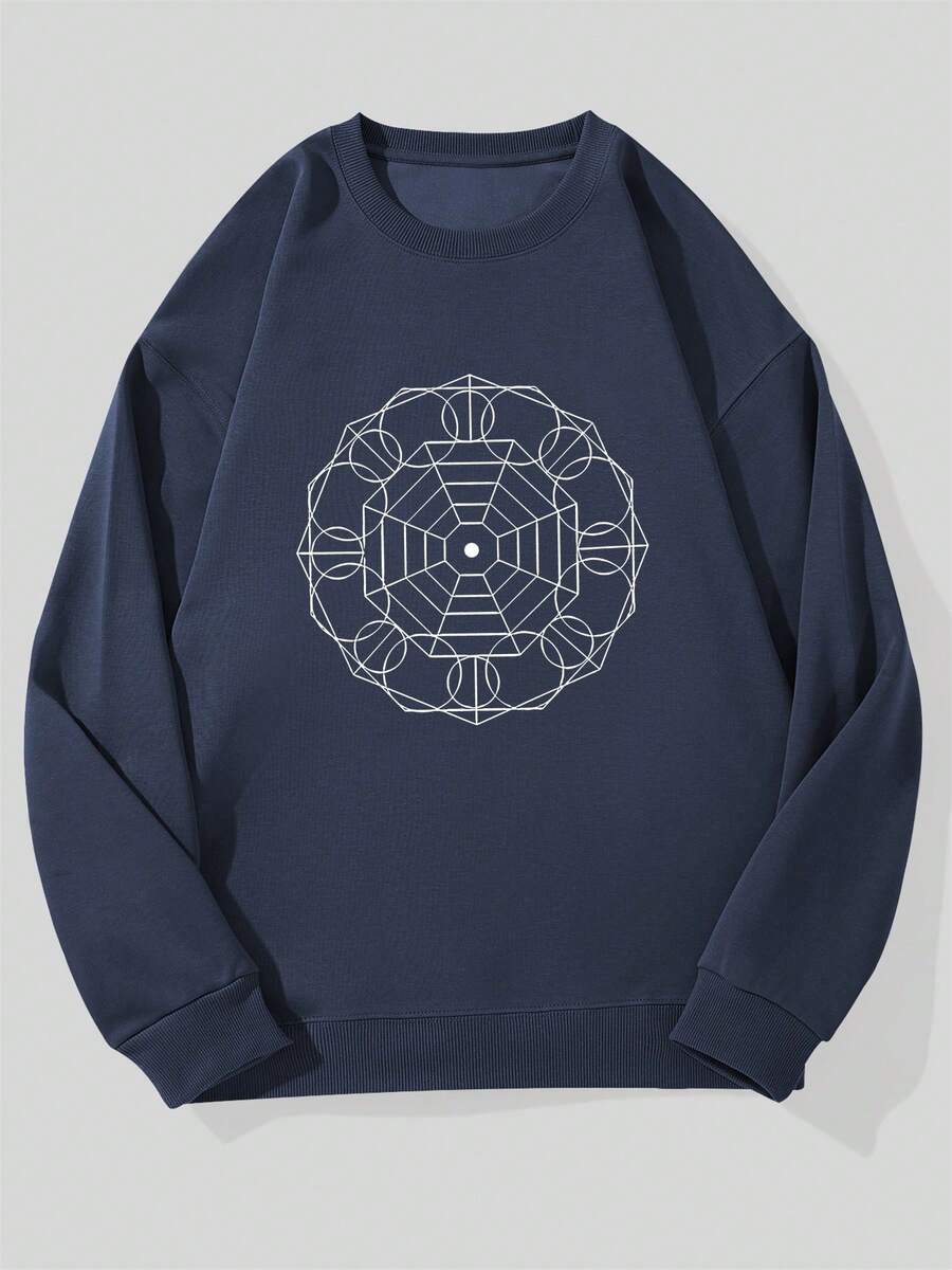 Sudadera Casual de Cuello Redondo con Patrón Simétrico de Líneas Geométricas para Hombre - Azul Marino - Ver 1