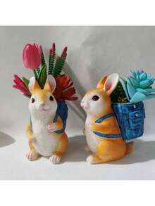 1pc 6.3 Inch Cute Rabbit Planter With Backpack, Gardening Decor, Desktop Ornament - Resin Plant Pot Stand, Suitable For Yard, Home, Office Desk Decoration, Multifunctional Decorative Accessory - Perfect Gift For Pet Lovers, Holiday Table Decor, Textured Plush Details