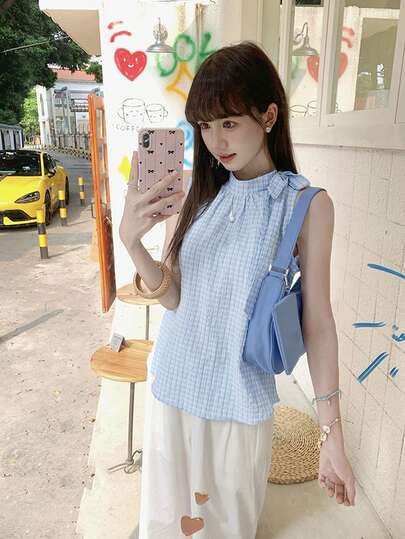 Áo hai dây kẻ caro cho nữ, kiểu Pháp độc đáo với nơ trang trí, không tay, hàng mới mùa hè.